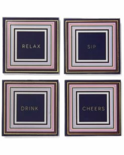 Best Pirce 🌟 Trina Turk Cheers To You Gold Set Of 4 Glass Coaster Set Home Drinkware ⭐