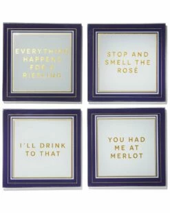 Cheap 🔔 Trina Turk Wine Enthusiast Black Set Of 4 Glass Coaster Set Home Drinkware 🥰