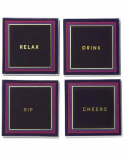 Coupon 🎁 Trina Turk Cheers To You Violet Set Of 4 Glass Coaster Set Home Drinkware 👍